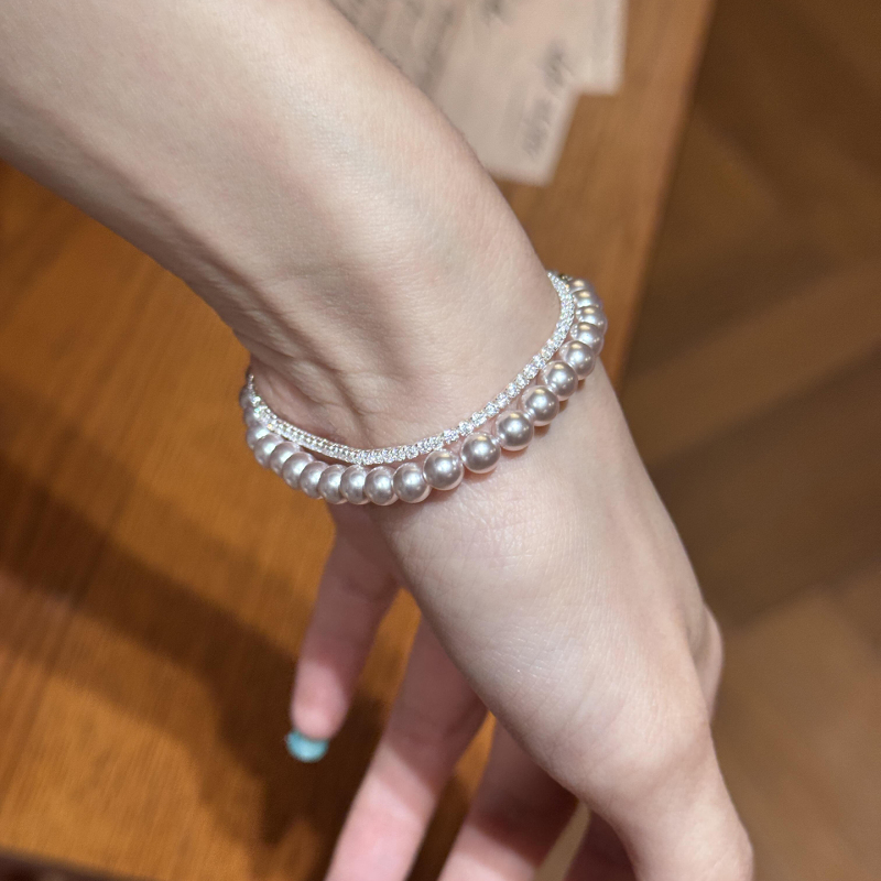[Breaking Light on the Wrist] Silver Open Bracelet with Double-Layered Pearls and Zircons, Adjustable Bracelet, Versatile for Commuting, Stackable Jewelry