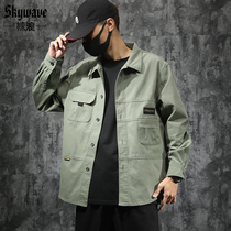 Amazing waves early autumn ruffian handsome tooling shirt mens loose plus fat plus size fat tide brand casual long-sleeved jacket jacket