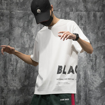 Amazing waves summer tide brand printed white short-sleeved t-shirt mens loose plus fat plus size fat cotton casual half sleeve