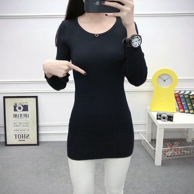 Korean version of simple long-sleeved pullover round neck sweater women's sweater mid-length tight-fitting elastic bottoming shirt autumn and winter tops