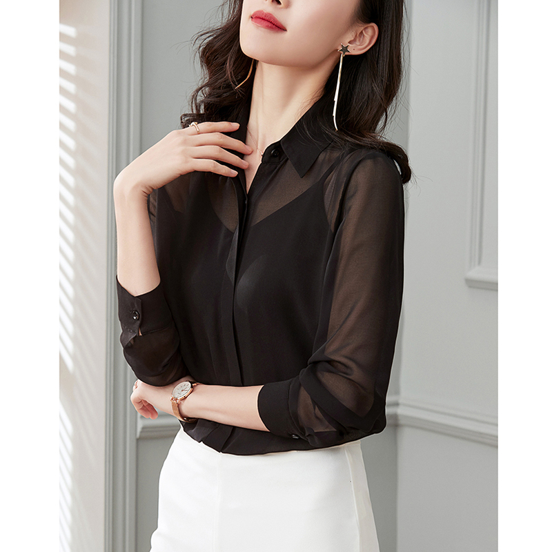 Black Shirt for Women, Stylish Summer New Long-Sleeved Sheer Mesh Fashionable High-End Chiffon Shirt, Elegant Sun-Protective Top