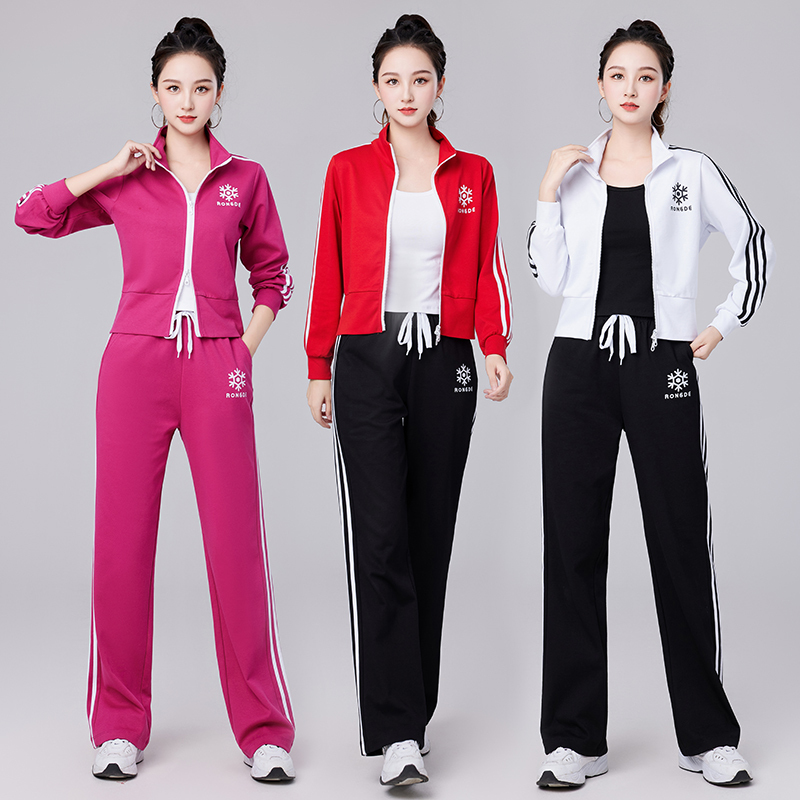 Autumn Sports Casual Suit for Women, Double Zipper Cardigan, Long Pants, Ribbed Cotton, Fashionable and Stylish, Square Dance Fitness Clothing