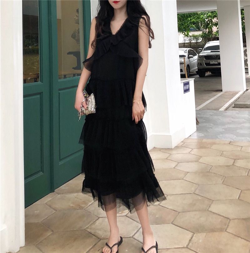Mùa hè 2019 phiên bản Hàn Quốc mới của váy cổ chữ V không tay váy đầm xòe dáng điệu Một chiếc váy vest chữ - A-Line Váy mẫu đầm xòe đẹp