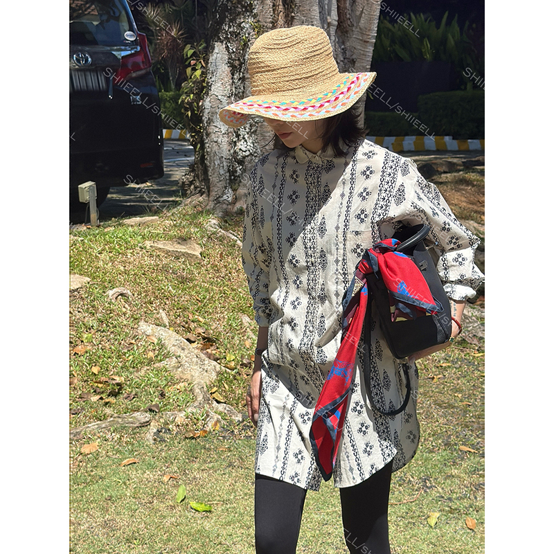【Quye Ink Stripes】Lightweight Pure Cotton Retro Color-Blocking Printed Ethnic Style Shirt Zj033