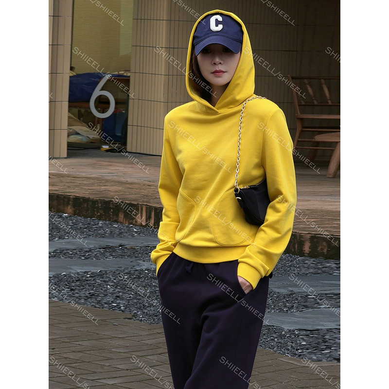 Jiaoye Shiieell【Candy House】Custom-Dyed Bright Color Slim-Fit Short Hooded High-Density Blended Knit Sweatshirt