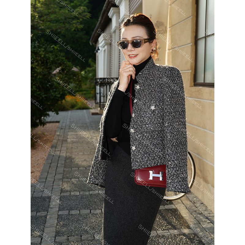 Jiaoye Shiieell【Elegant Starlight】French-Style Wool Tweed Jacket for Women with Stand Collar and Short Thick Tweed Coat