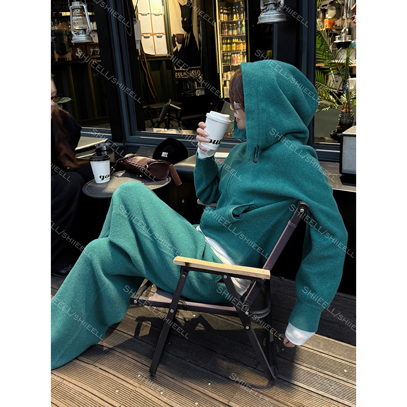 Jiaoye Shiieell【Wool Airport Suit】Wool Sports Suit Women's Autumn Loose Hooded Sweatshirt Jacket