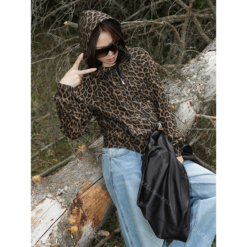 Jiaoye Shiieell【American-Style Leopard Print Shirt】Korean Retro Leopard Print Hooded Loose Casual Zipper Jacket