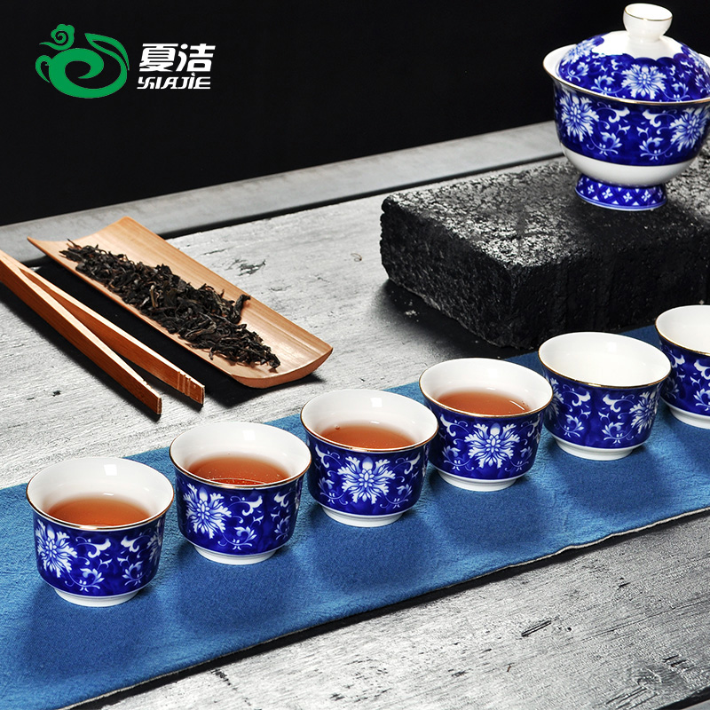 Four - walled yard kung fu tea set of blue and white porcelain of a complete set of household see colour ceramic hand - made teacup teapot modern dehua