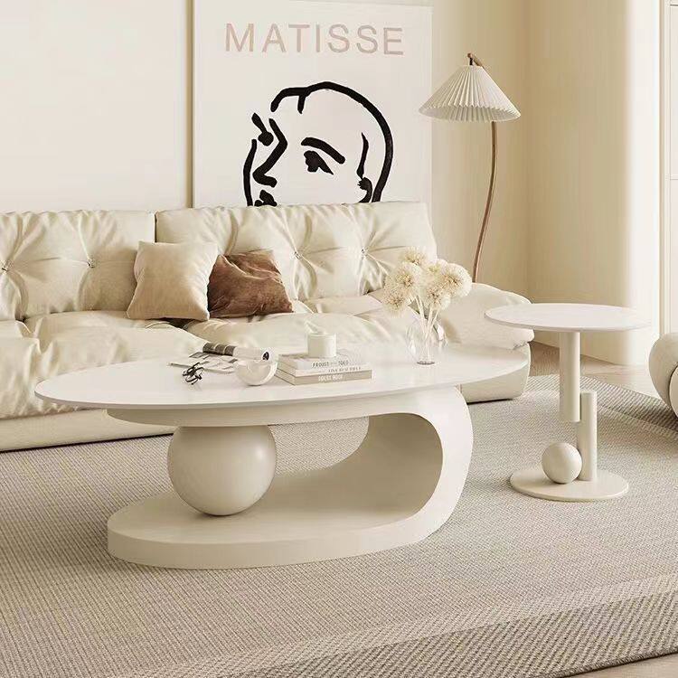 Creamy wind rockboard tea table Living room Home Small family Type oval Tea table Light French style minimalist Tea table edge a few combinations-Taobao