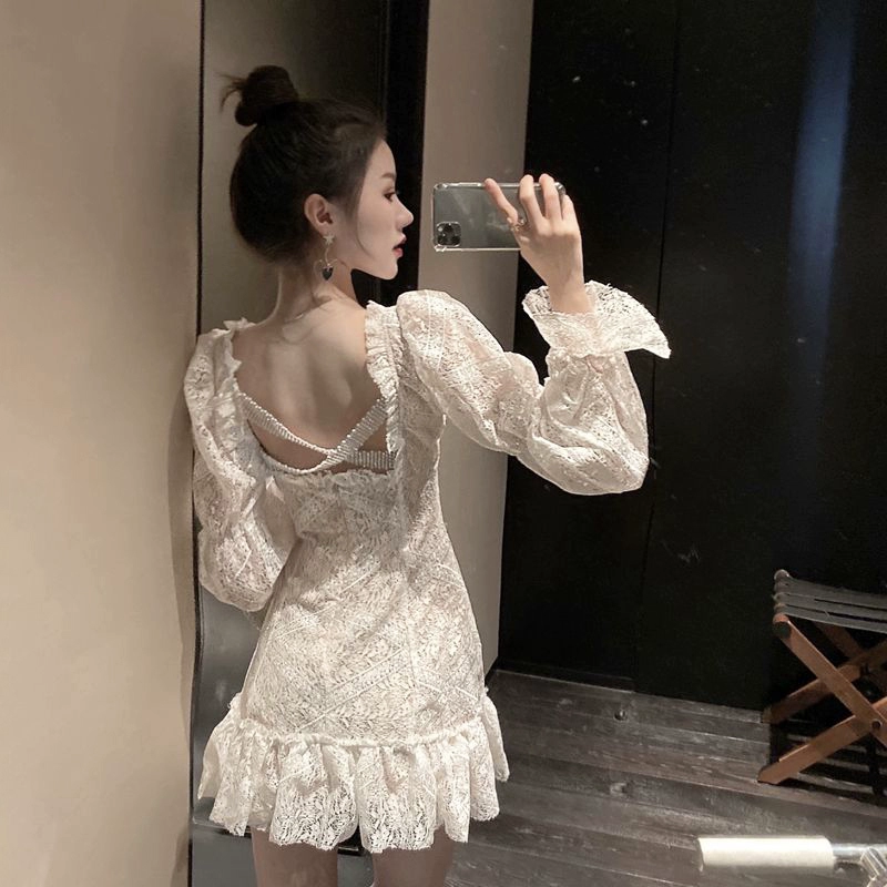 2020 phụ nữ mới mùa hè đầm ren Pháp váy trắng ngắn ngắn siêu cô gái rừng cổ tích - Váy eo cao