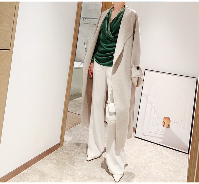 50 cashmere ເນື້ອໃນສູງ soft handmade double-sided woolen loosen mid-length coat women's new coat H3808