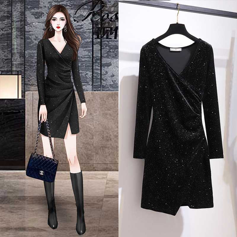 Light luxury high-sense dress Spring and Autumn New Velvet Fixed Black Dress Small Appearance Short Dress