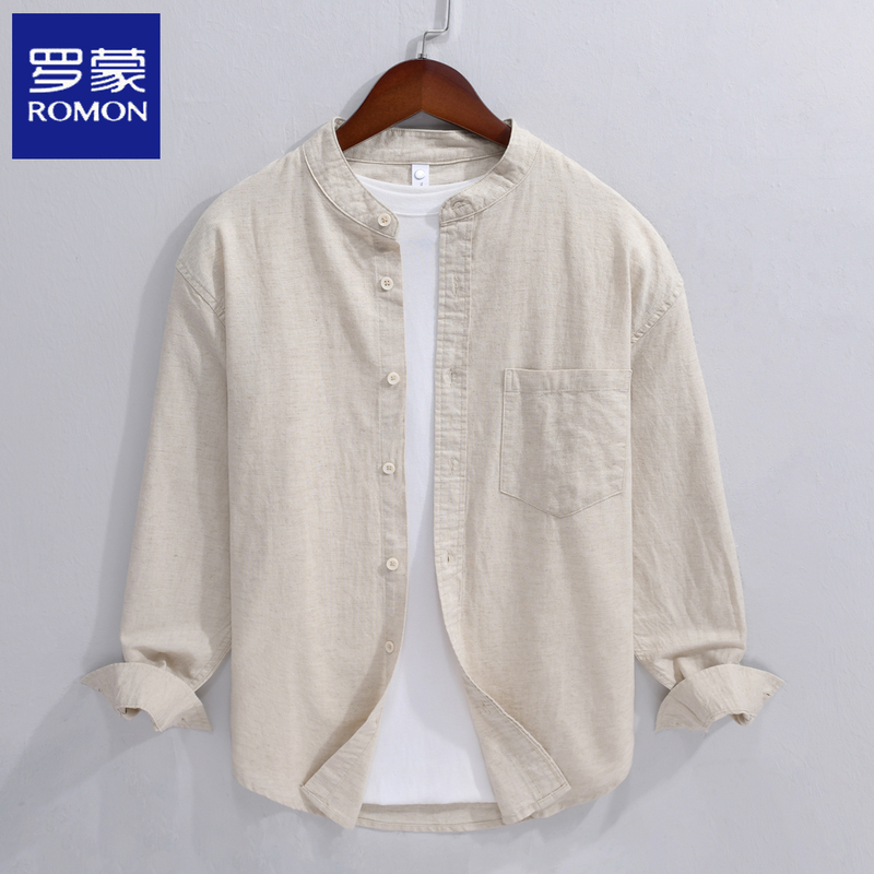 Romon Men's Stand-Up Collar Linen Long-Sleeve Shirt Jacket Summer Thin Japanese-Style Shirt Cotton-Linen Casual Top Romon Men's Stand-Up Collar Linen Long-Sleeve Shirt Jacket Summer Thin Japanese-Style Shirt Cotton-Linen Casual Top