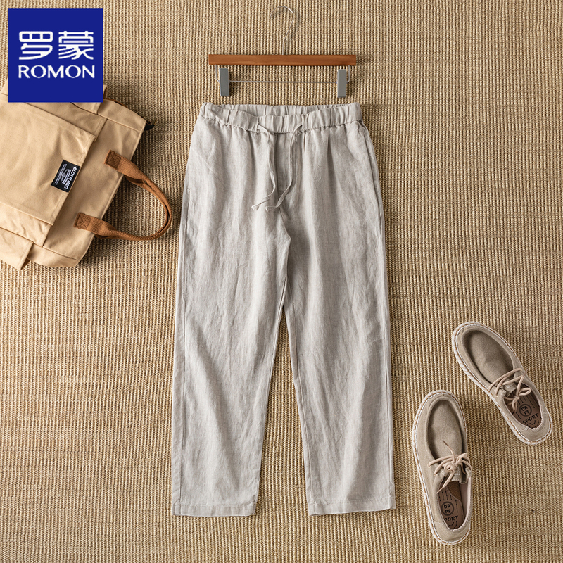 Romon Men's 100% Linen Drawstring Casual Pants Summer 2026 New Old Money Style Straight-Leg Trousers Loose Cropped Pants