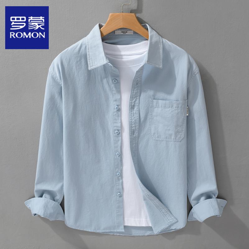 Romon Men's Pure Cotton Long-Sleeved Shirt Jacket Spring and Autumn Turn-Down Collar Japanese Style Shirt Simple High-End Casual Top