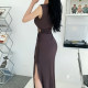 Pleated round neck side opening tie waist vest slimming dress mid-length side slit summer new sleeveless