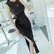 Pleated round neck side opening tie waist vest slimming dress mid-length side slit summer new sleeveless