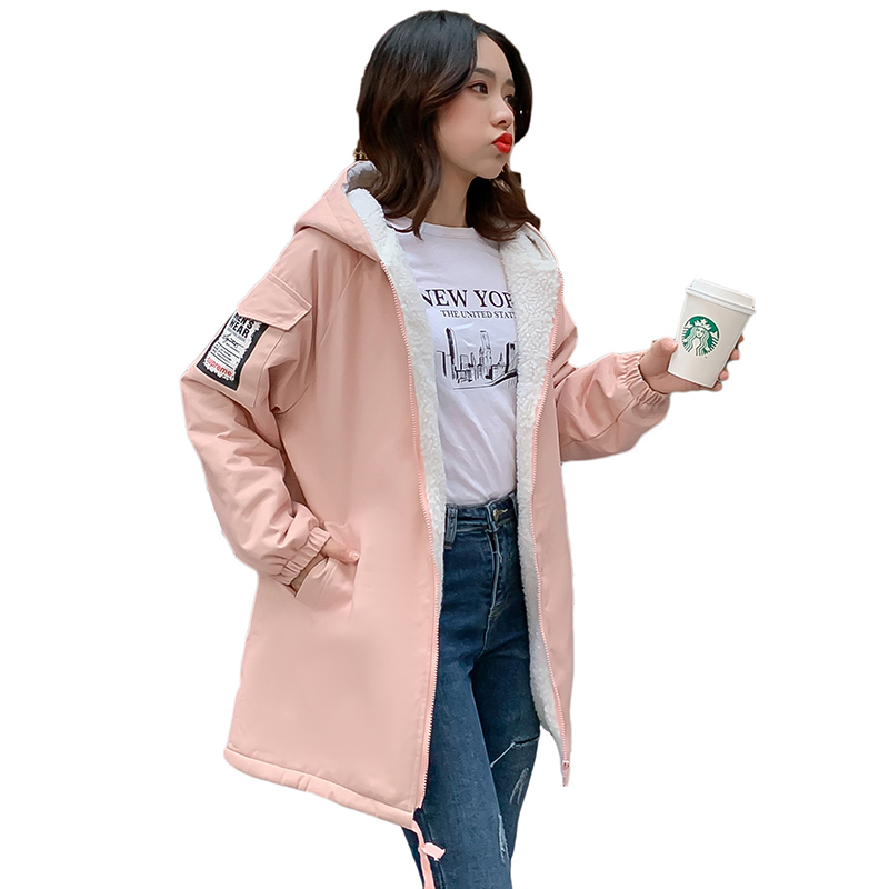 Chic áo nữ sinh viên mùa đông cô gái dày Hàn Quốc phiên bản lỏng lẻo dài vừa cừu tóc cộng với dày cộng nhung bông quần áo triều