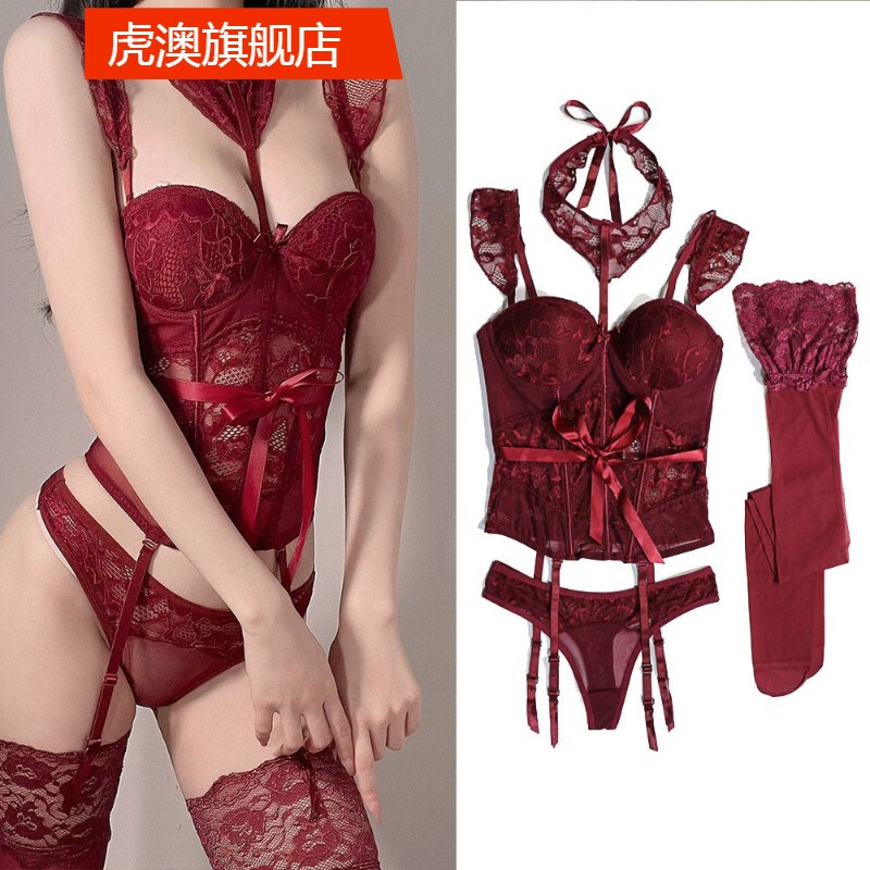 3-Piece Set - Sexy Stockings Set, Corset, Tight-Fitting, Hot Red Garter Stockings, Lace Trim, Non-Slip, Outerwear