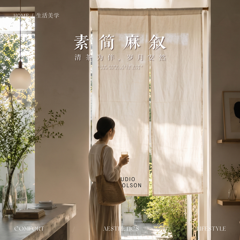 Japanese Wabi-Sabi Style Half-Open Partition Curtain for Bedroom and Kitchen, Linen Texture, Light-Transmitting but Not See-Through Hanging Curtain Japanese Wabi-Sabi Style Half-Open Partition Curtain for Bedroom and Kitchen, Linen Texture, Light-Transmitting but Not See-Through Hanging Curtain
