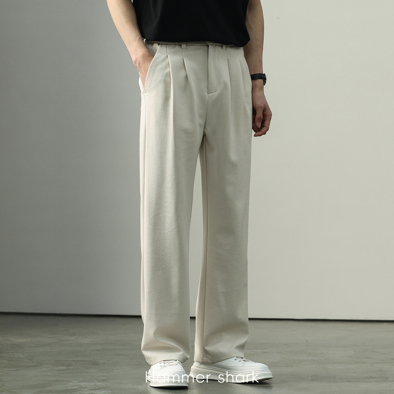 British Style Pinstripe Straight-Leg Casual Pants for Men, Light Business Commuter Drapey Trousers, Dress Pants Hammer Shark