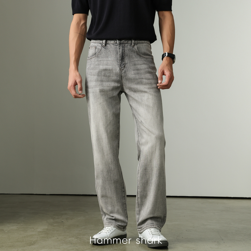 Heavy-Duty Washed Rock Gray Stretch Jeans for Men, Slim Fit Straight-Leg Commuter Pants for Men Hammer Shark