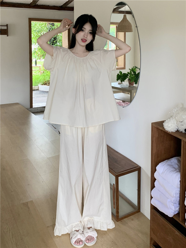 Korean Style Elegant Pajamas for Women, Summer Short-Sleeved Long Pants, Pure Cotton Gauze, Thin Round Neck, Comfortable Loose Casual Set