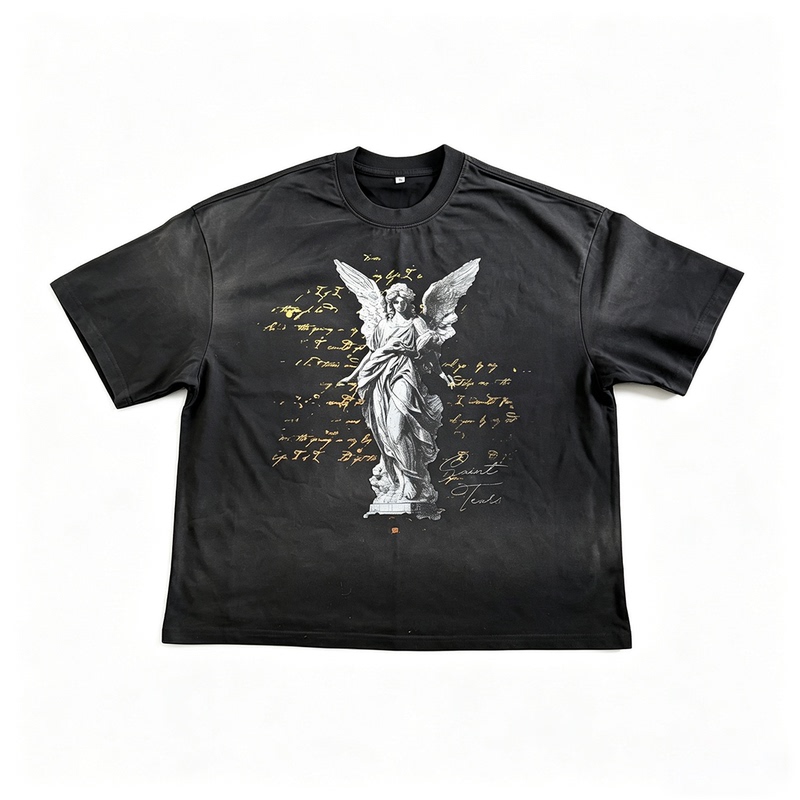 Basic Annals Angel Print Short-Sleeve T-Shirt for Men and Women, Vintage Washed Letter Street Style Short Wide T-Shirt Basic Annals Angel Print Short-Sleeve T-Shirt for Men and Women, Vintage Washed Letter Street Style Short Wide T-Shirt
