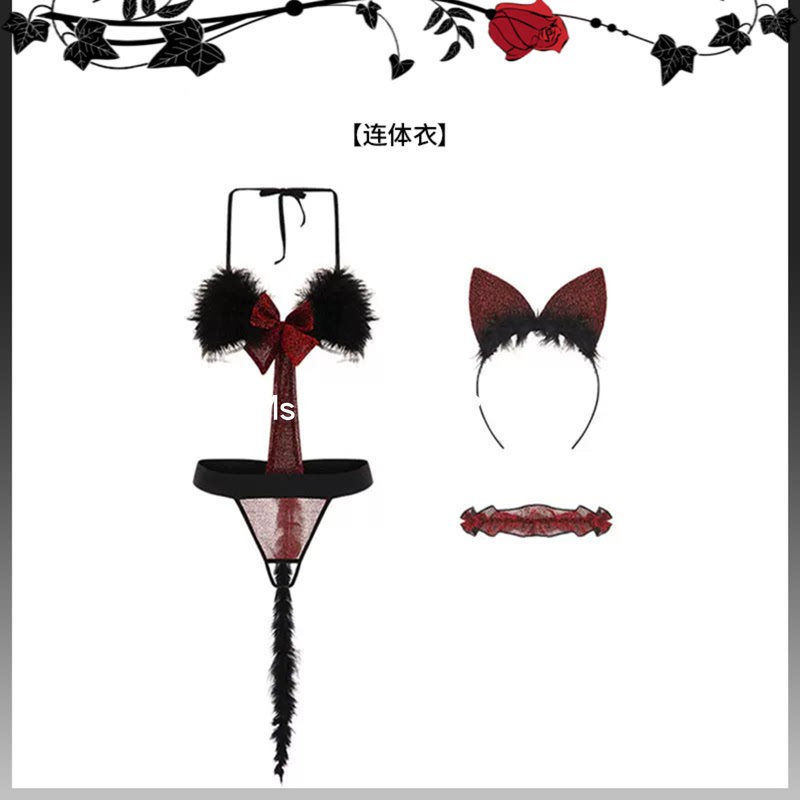 Ms Rose Sexy Cat Girl Uniform Pure Lust Style Lace-Up Bra Set Three-Point Fun One-Piece Lingerie