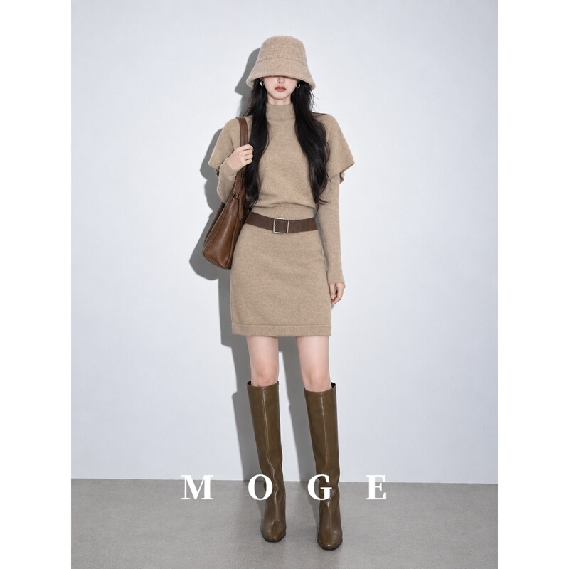 High-End Elegant Knitted Suit for Women, Camel-Colored Half-High Collar Dress, Long-Sleeved Base Shirt Two-Piece Set, Autumn 2026 High-End Elegant Knitted Suit for Women, Camel-Colored Half-High Collar Dress, Long-Sleeved Base Shirt Two-Piece Set, Autumn 2026