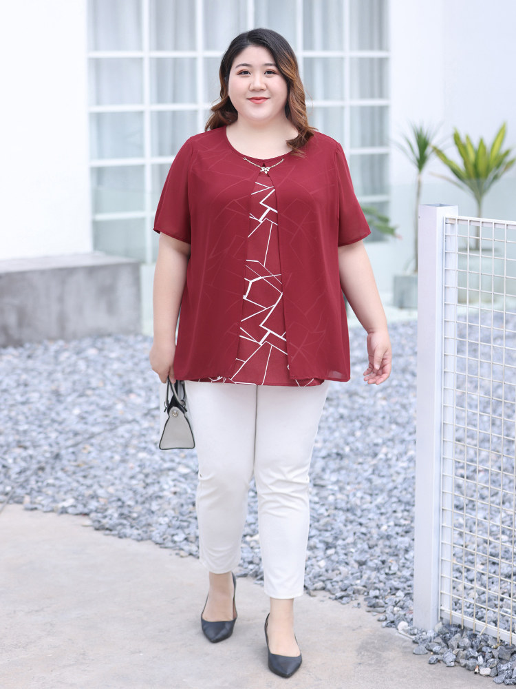 MOMS SUMMER DRESS FAKE TWO SHIRTS FEMALE FAT MM NEW T-SHIRT FAT PLUS SIZE LOOSE BELLY COVERING CHIFFON SHIRT 200 POUNDS