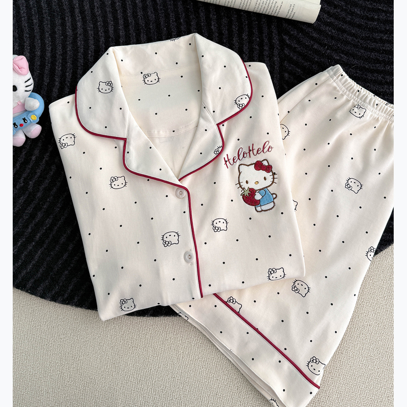 Cat-Themed Women's Summer Pajamas, Pure Cotton Short-Sleeve, 2026 New Style, High-Quality Cotton Silk Loungewear, Suitable for Wearing Outside