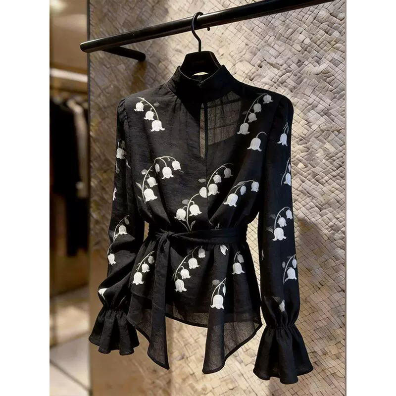 French-Style Design Stand-Up Collar Printed Bell-Sleeve Shirt Women's Long-Sleeve Tie-Waist Fashionable and Elegant Niche Top