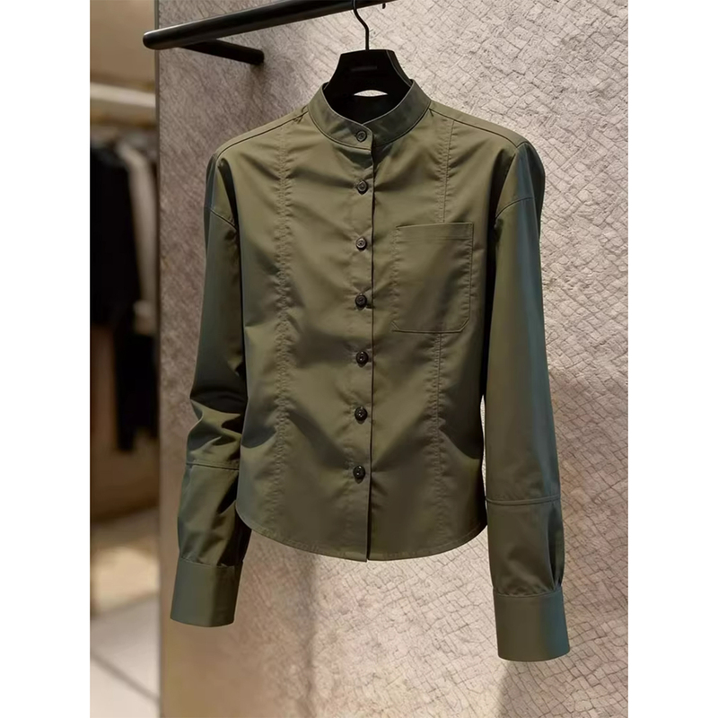 Army Green Stand-Collar Pocket Simple Long-Sleeve Shirt for Women, Spring Season, Mature and Professional Design, Slimming and Versatile Long-Sleeve Top