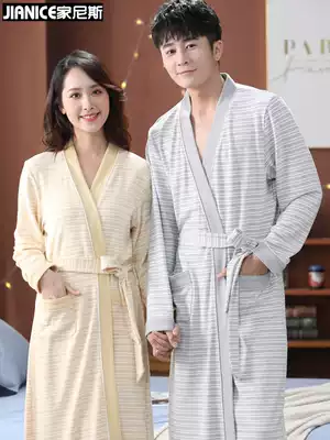 New bathrobe Women's Spring and Autumn long version of striped cotton robe men's hotel morning gown absorbent bathrobe couple couple
