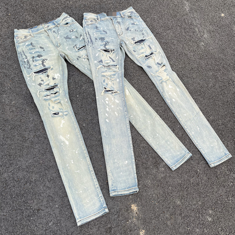 [in Stock] Light Rain Self-Painted Ink Blue Diamond Jeans, High Street Style, Full Diamond Embellished, Slim Fit, Stretch Denim Pants
