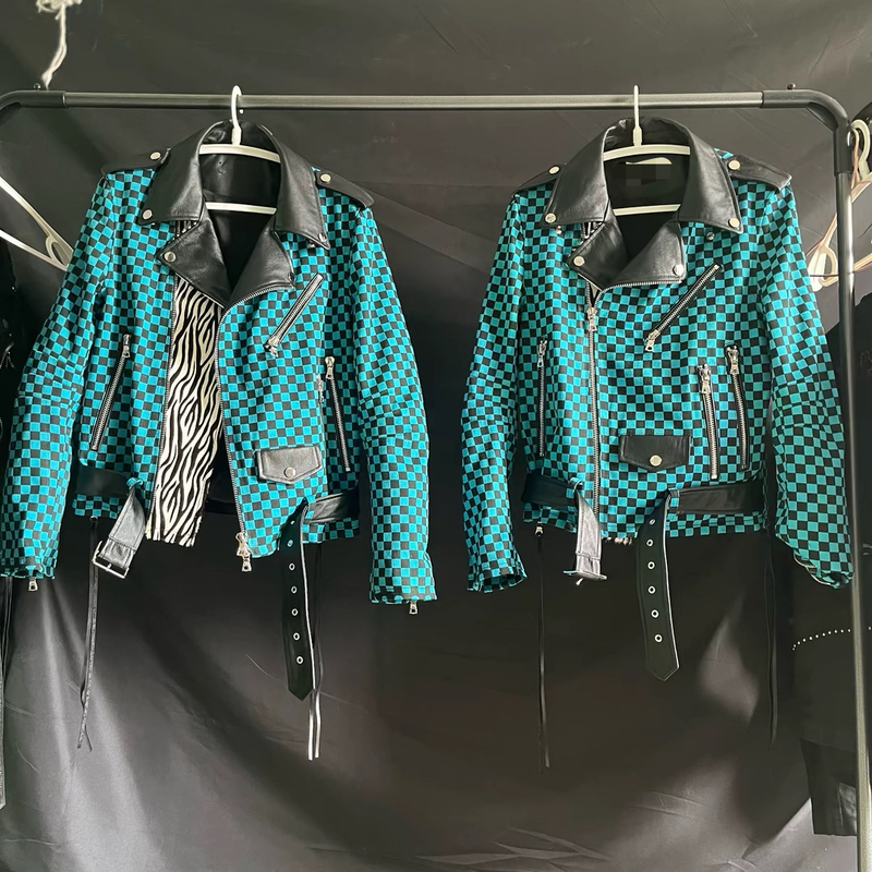 【First Layer Cowhide】Light Rain Blue Checkered Leather Jacket, Genuine Leather, Cowhide, Versatile Leather Jacket