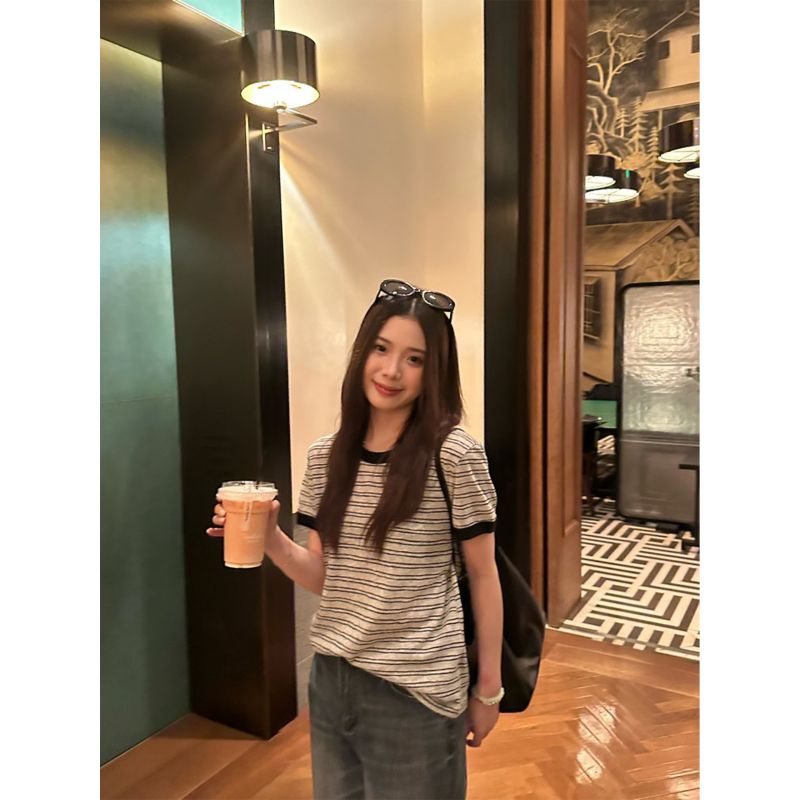 【Custom Woven and Dyed】Cotton Yarn Washed and Brushed Casual Versatile Color-Blocked Round Neck Striped Short-Sleeve T-Shirt for Women