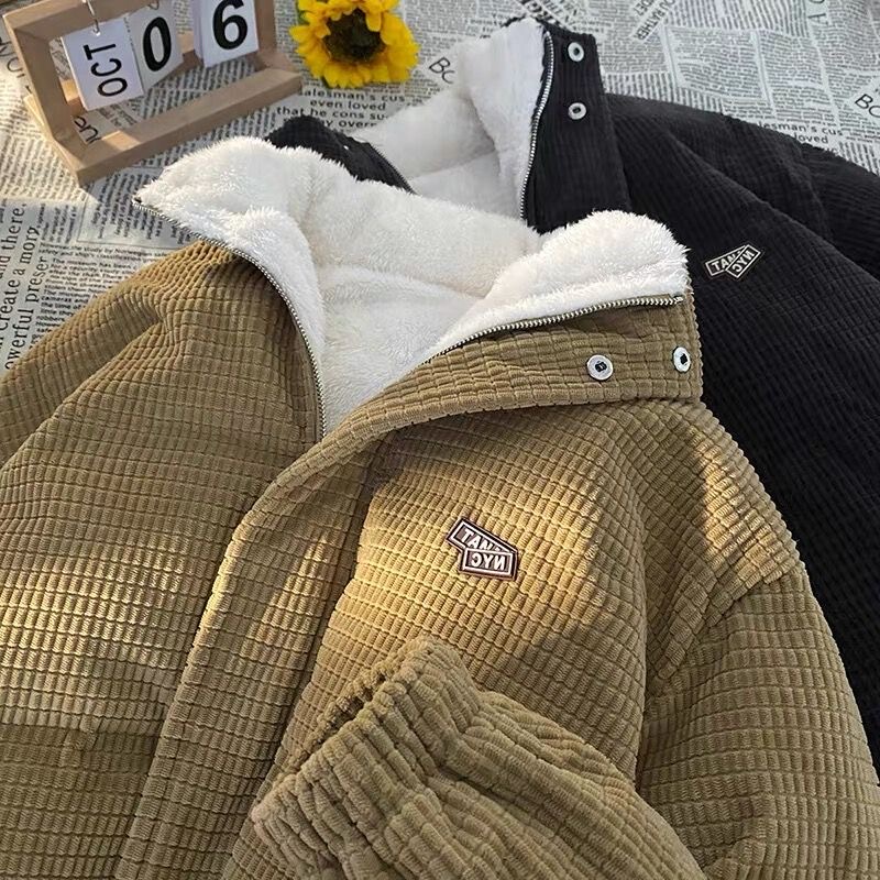 Corduroy Cotton Jacket for Women, Winter Fleece-Lined and Thickened Lamb Wool Coat, High-End Hong Kong Style, Niche American High Street Cotton Clothing for Men