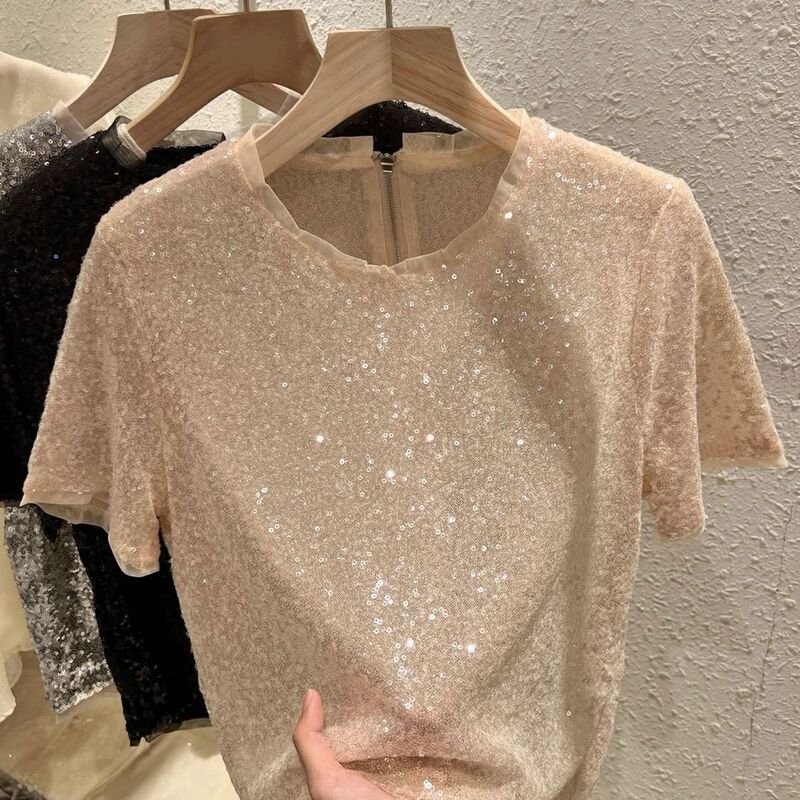 Extra Large Size 150kg Plus-Size Women's High-End Mesh Sequin Short-Sleeve T-Shirt with a Loose Design and Unique Chic Style Extra Large Size 150kg Plus-Size Women's High-End Mesh Sequin Short-Sleeve T-Shirt with a Loose Design and Unique Chic Style