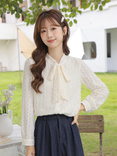 蝴蝶结蕾丝打底衫女长袖内搭2025早秋新款衬衫高级感别致漂亮上衣
