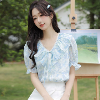 Camisa de gasa floral con cuello en v, manga corta para mujer, novedad de verano 2025, camisa con volantes, top de encaje con lazo de estilo occidental