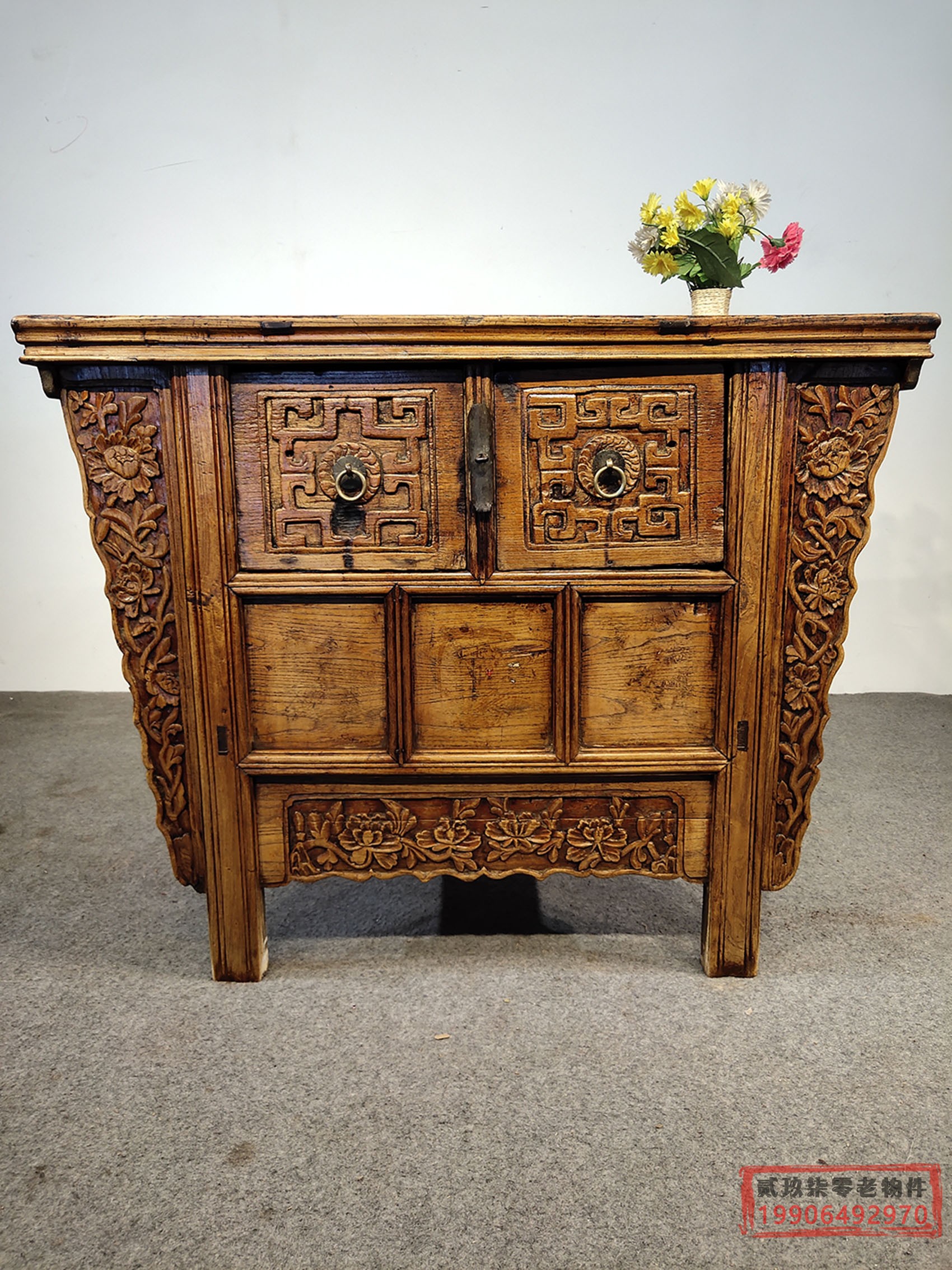 Antique collection old furniture Ming and Qing classical carved two boring table old table for retro old elm decorative porch cabinet
