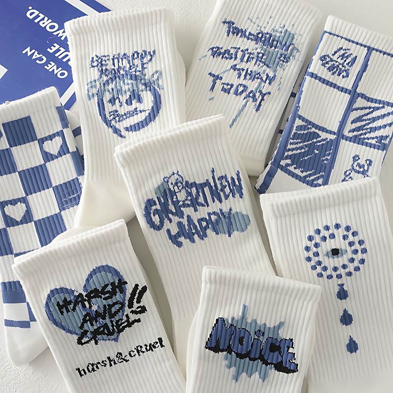 Blue Socks for Women, Pure Cotton Summer Mid-Calf Socks, 2026 New Popular Style, Odor-Resistant, Cute Graffiti Long Socks for Girls