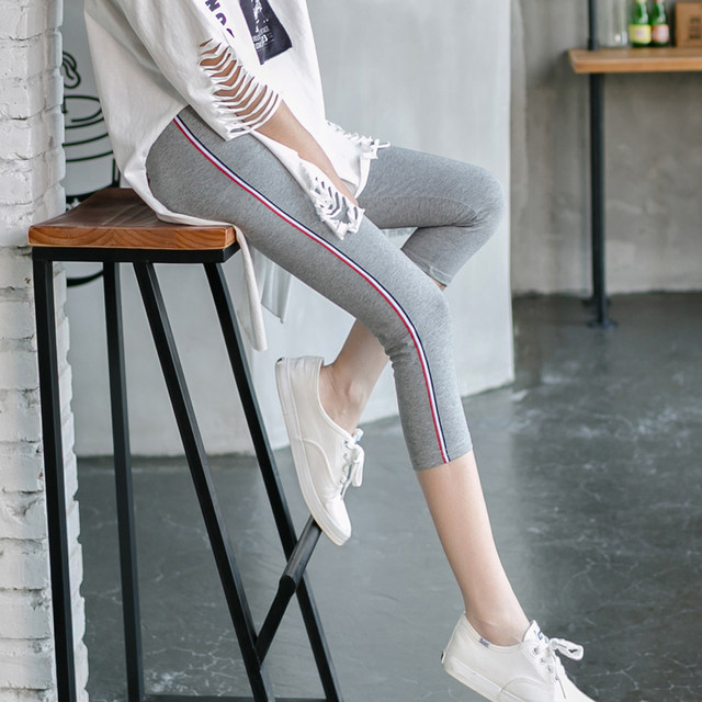 Side striped seven-point leggings women's outerwear summer thin cotton pencil shorts high waist slimming large size seven-point pants women