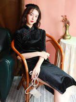 Velvet black long cheongsam women 2020 new Chinese style retro old Shanghai temperament elegant dress