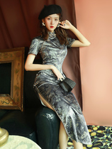 Old Shanghai cheongsam long female fashion printing temperament sexy catwalk Republic of China retro Chinese style Daily Life clothes