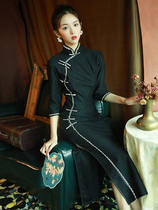 Black old Shanghai cheongsam retro Chinese style modified version long female thin temperament elegant dress long sleeve winter