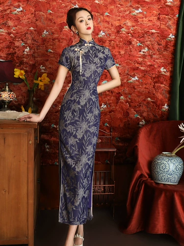 Синее ципао, длинное платье, китайский стиль